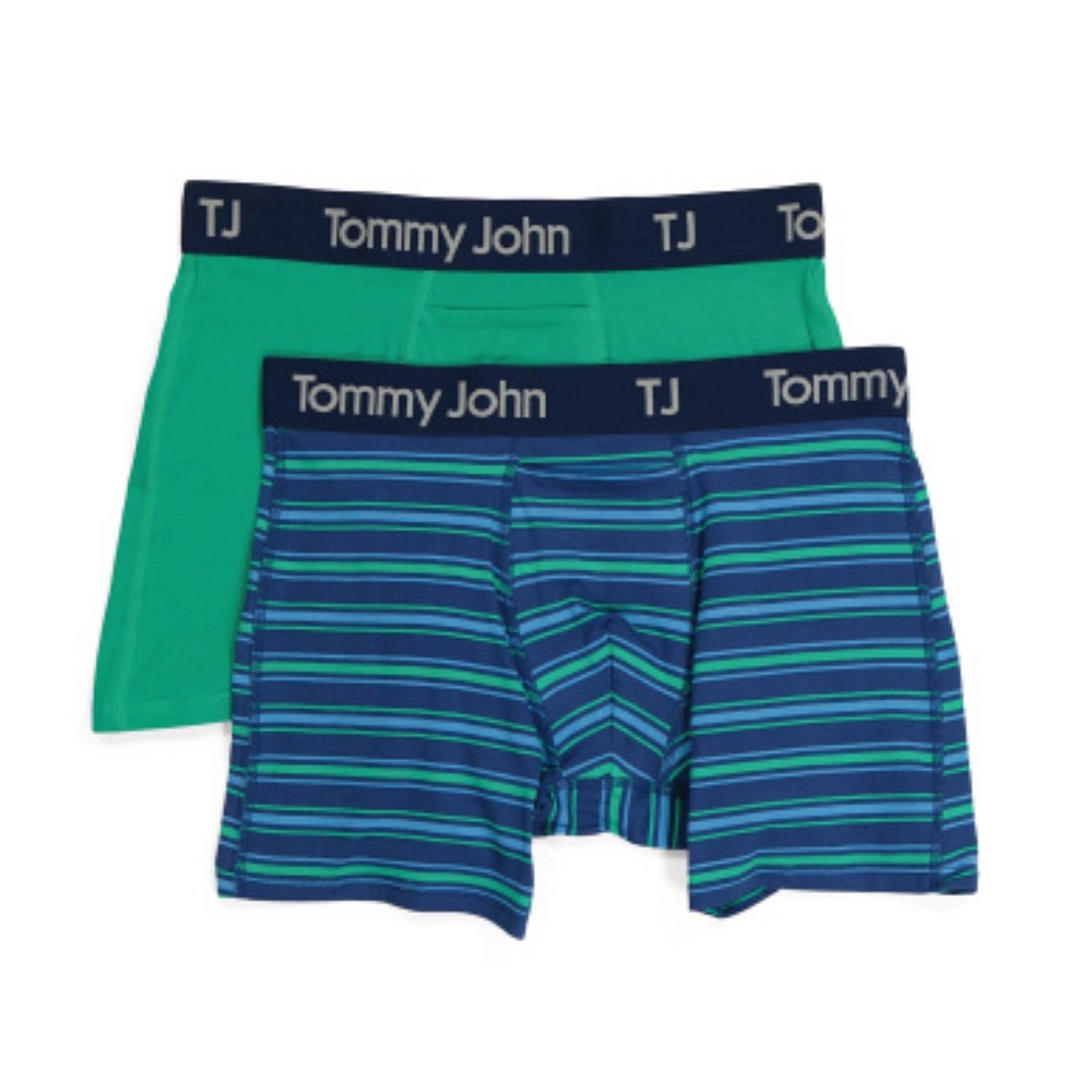 Tommy John Men's Striped Blue and Solid Green Boxer Cotton Size Medium (31-34)